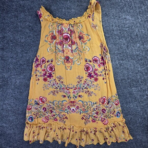 Boho Floral Sleeveless Top Womens Small Yellow Peasant Ruffle Festive Chic Tank - Picture 10 of 11
